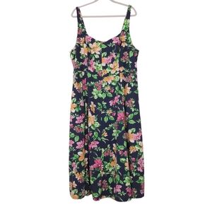 Old Navy Fit & Flare Linen Blend Midi Dress Navy Floral pockets brunch sundress